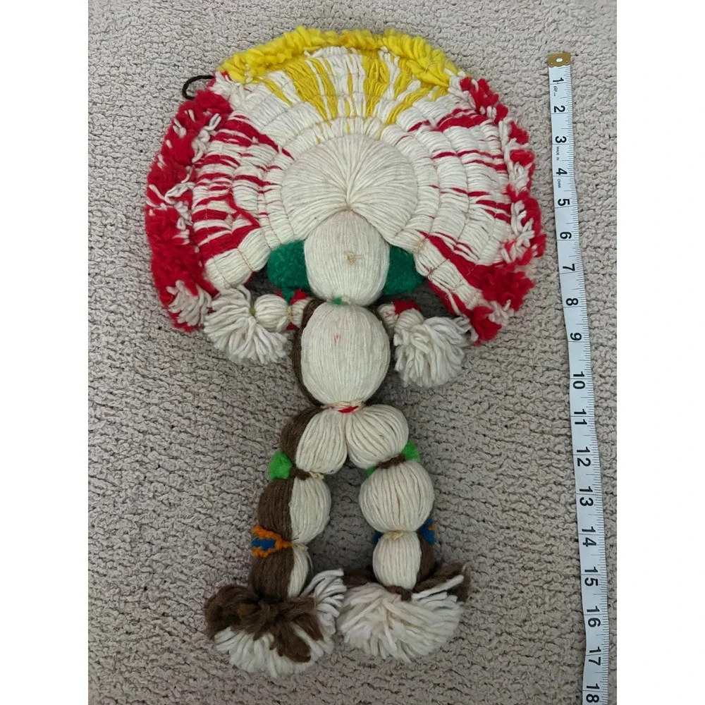 Vintage Handmade Yarn Doll Wall Hanging Folk Art Large Headdress Multicolor 18